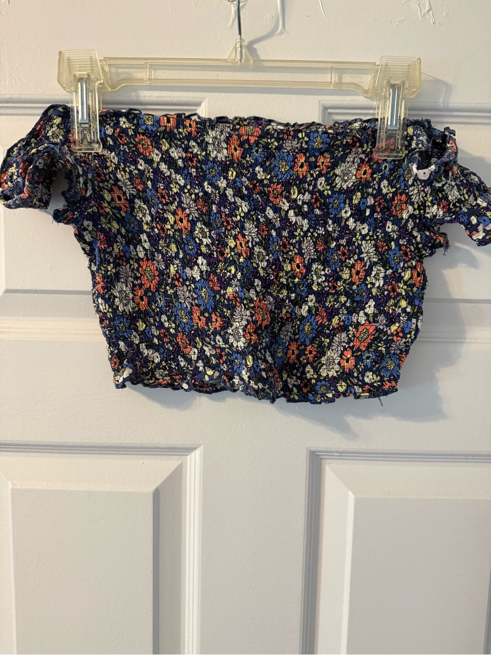 Chelsea & Violet Navy Floral Smocked Off-Shoulder Crop Top